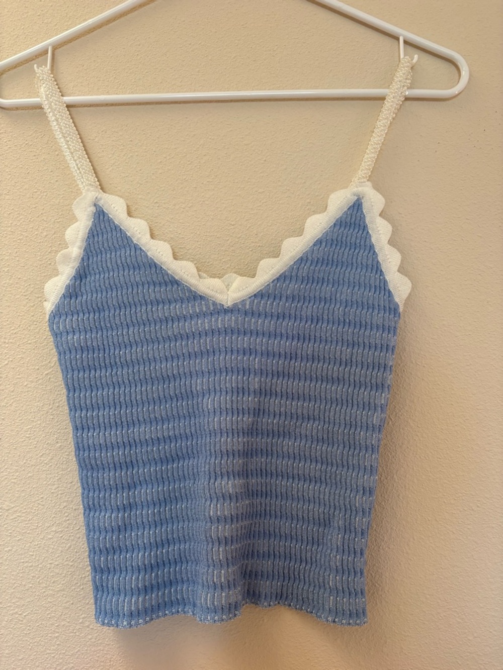 Blue Ribbed Knit Camisole with White Trim
